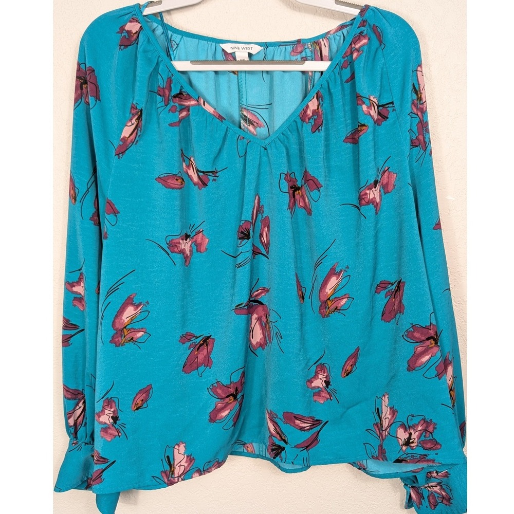 Nine West Blouse Womens XXL Teal Blue Floral V-Neck Long Sleeve Relaxed‎ Boho